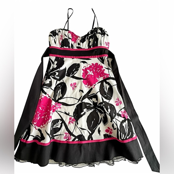 Speechless Dress Juniors 3 Black White Pink Floral Empire Waist A-Line Bow Back - Picture 7 of 9